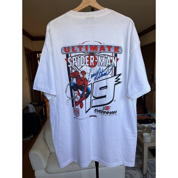VINTAGE NASCAR SPIDERMAN CASEY ATWOOD WHITE T SHIRT SIZE LARGE 2001 CHASE AUTH - Picture 4 of 9